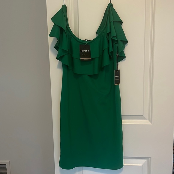 Green Flounce Off the Shoulder Mini Dress - Picture 1 of 6